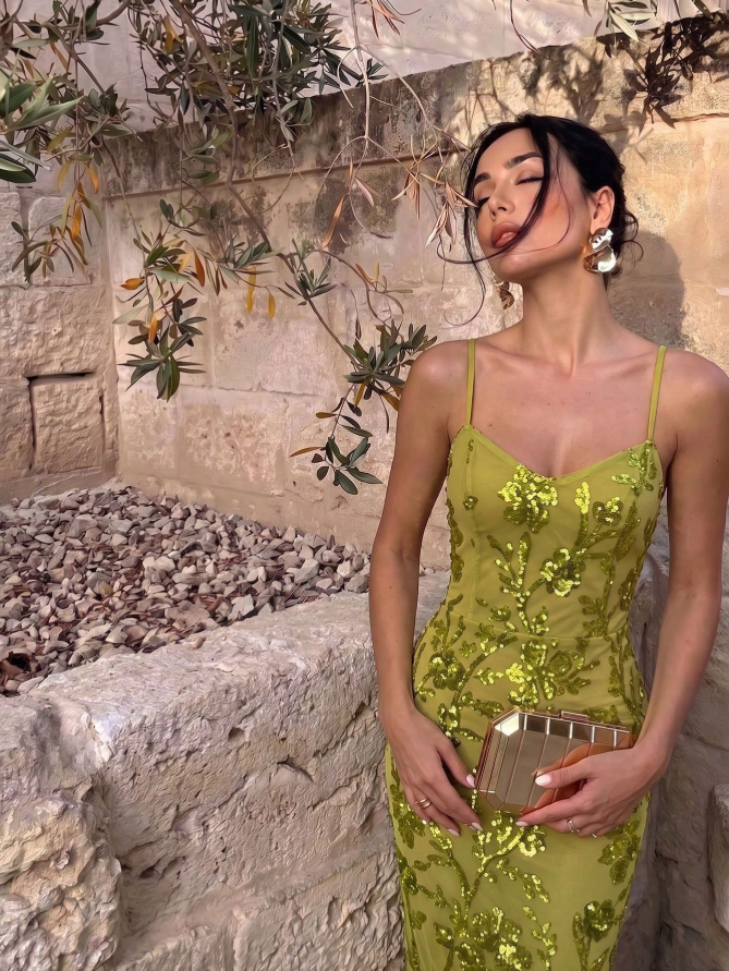 Elegant Spaghetti Straps Green Tulle Sequin Floral Mermaid Long Evening Dress Birthday Party Dress D4724