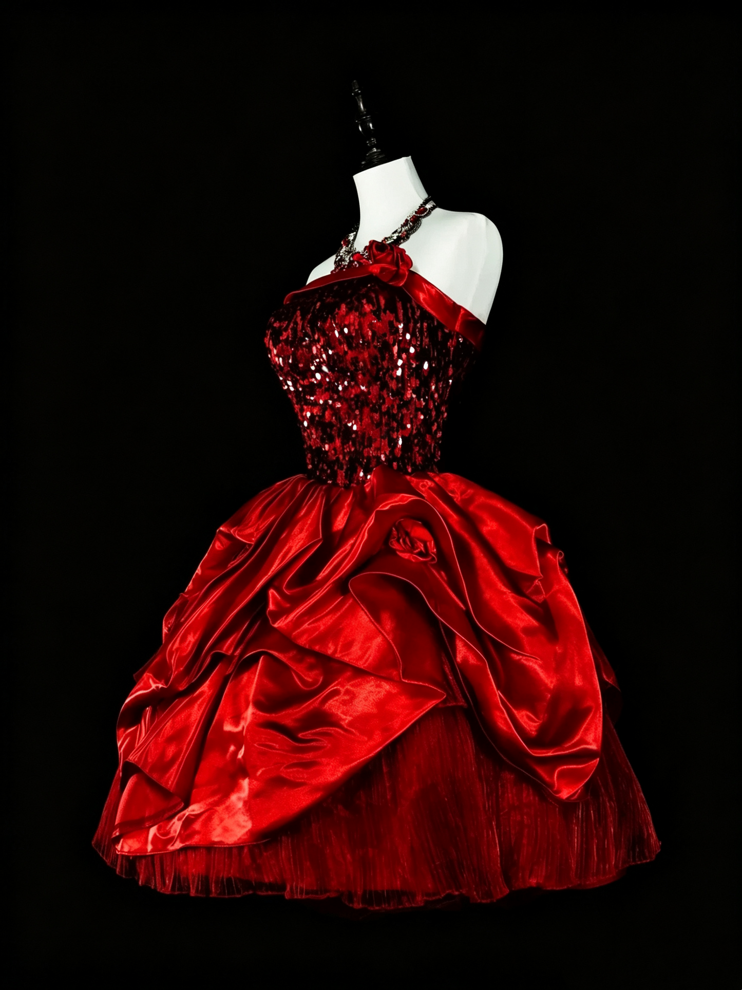 Sparkly Strapless Red Satin Tulle Sequin A Line Short Homecoming Dress Cocktail Dress D4053