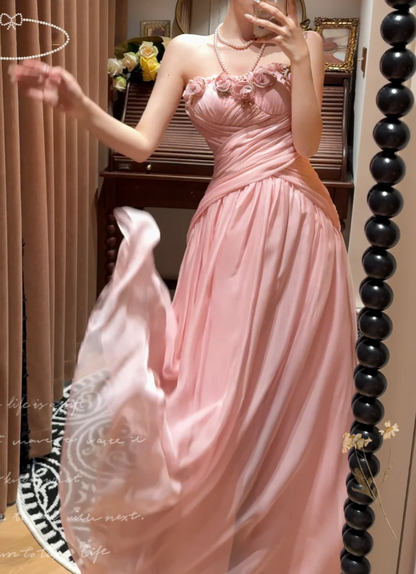 Pretty Flowers Strapless Pink Chiffon Mermaid Evening Dress Prom Gown Long Wedding Guest Dress D2052