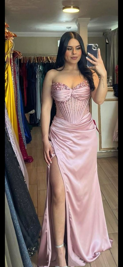 Pretty Pink Sweetheart Neck Satin Beaded Slit Mermaid Prom Dress Long Party Gown D2903