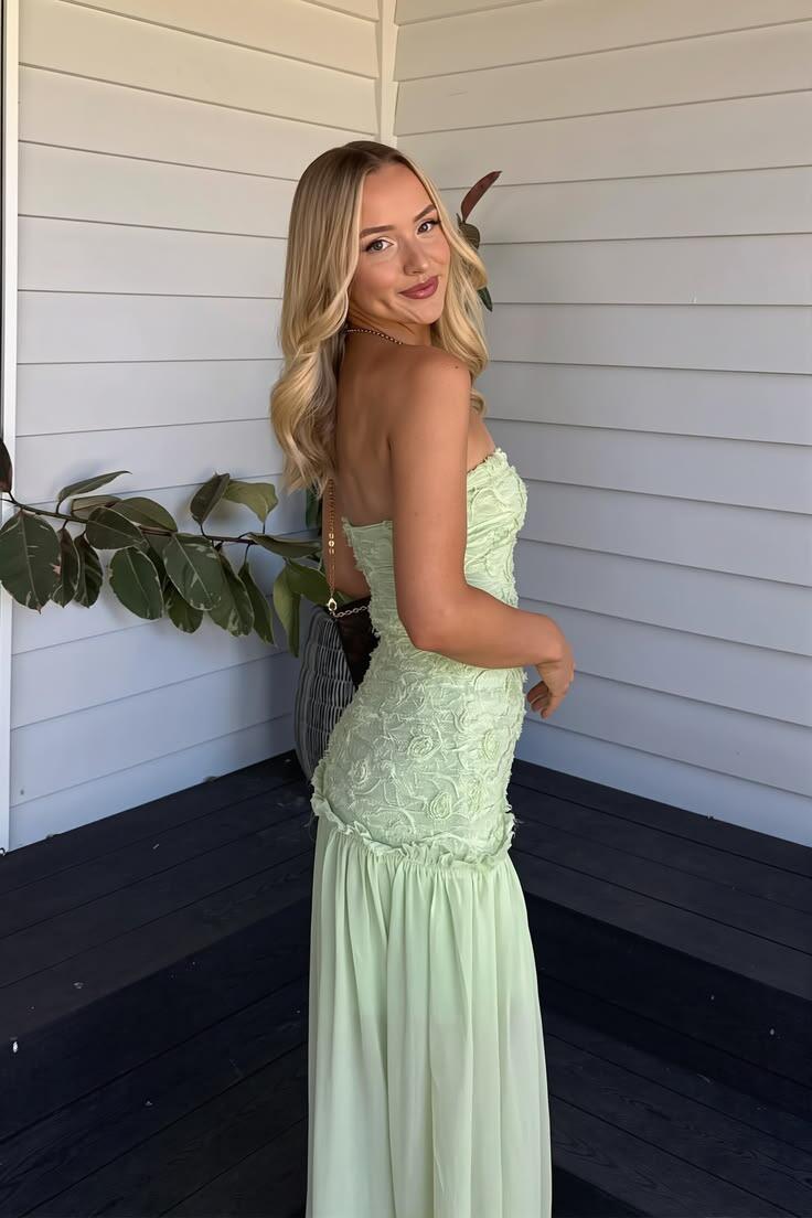 Elegant Light Green Tulle Ruched Floral Chiffon A Line Long Prom Dress Party Gown D3442