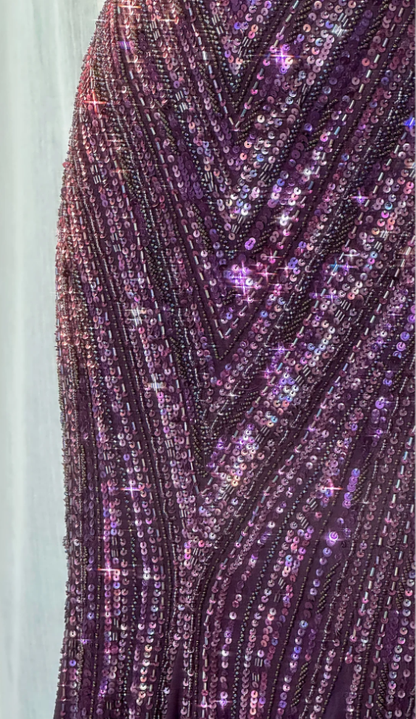 Vintage V Neck Dark Purple Chiffon Sequin Mermaid Long Party Gown Evening Dress D980