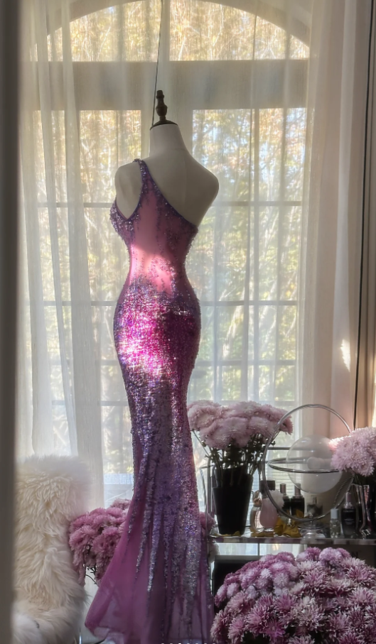 Glamorous Ombre Purple One Shoulder Chiffon Sequin Beaded Mermaid Long Evening Dress Birthday Party Dress D2096