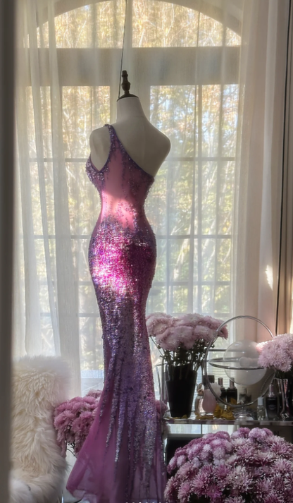 Glamorous Ombre Purple One Shoulder Chiffon Sequin Beaded Mermaid Long Evening Dress Birthday Party Dress D2096