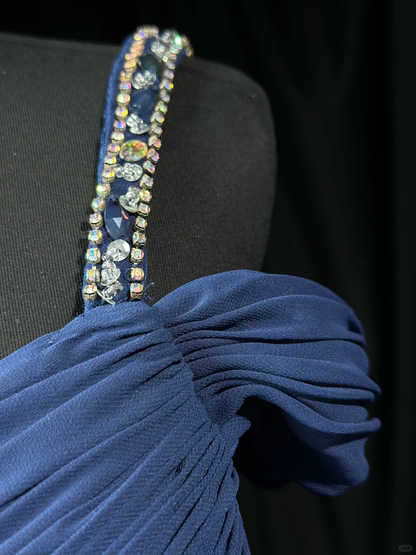 Elegant Off The Shouler Navy Blue Chiffon Beaded A  Line Long Party Dress Evening Dress D2511