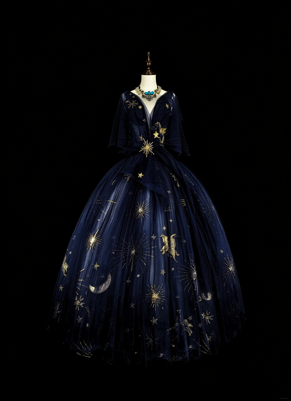 Elegant Navy Blue Tulle Star Moon Sequin Long Evening Dress Party Dress D5380