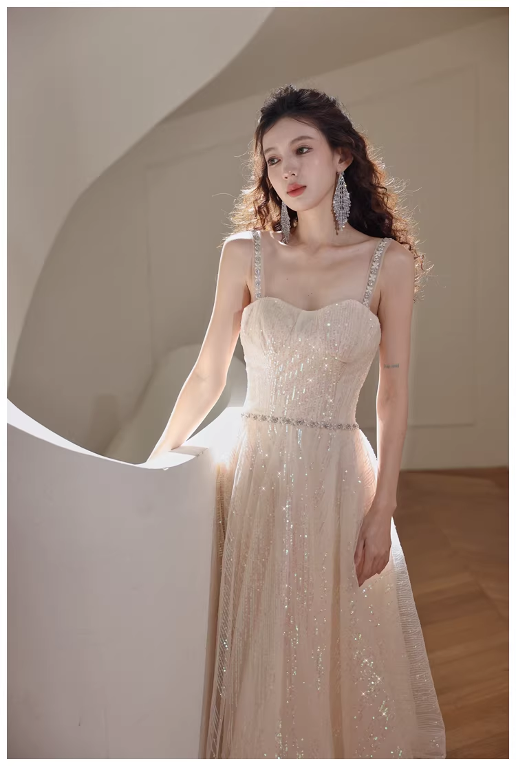Elegant Light Champagne Tulle Sequin Beaded A Line Mid Length Birthday Prom Dress Evening Gown D2443