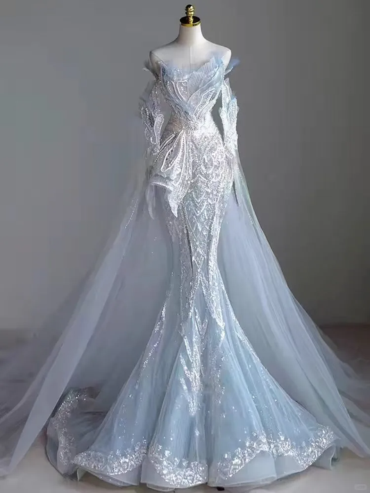 Glamorous Blue Tulle Sequin Beaded Mermaid Party Dress Long Evening Gowns D2498