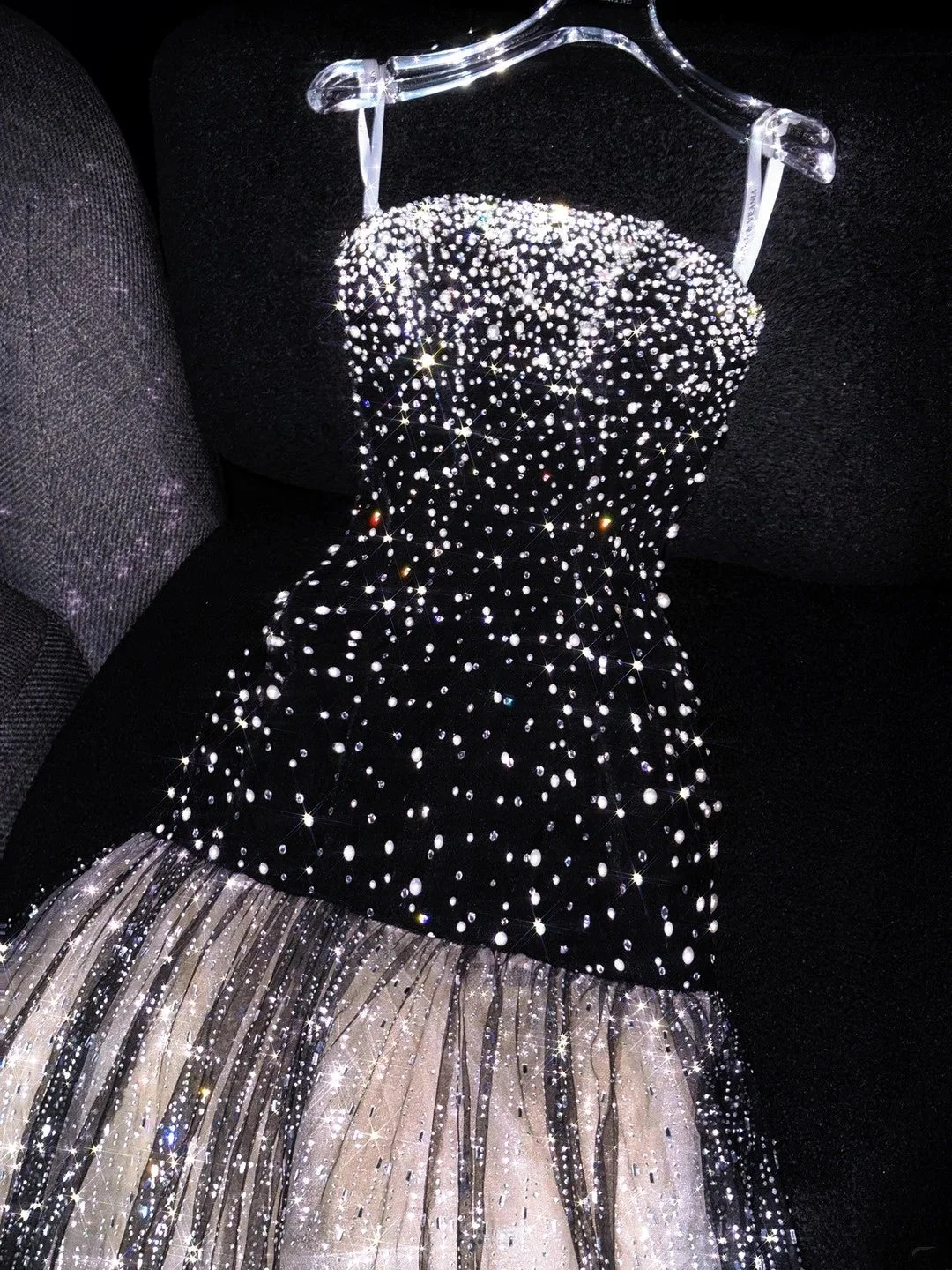 Shiny Mermaid Strapless Black Tulle Sequined Long Birthday Prom Dresses Party Gown D4548