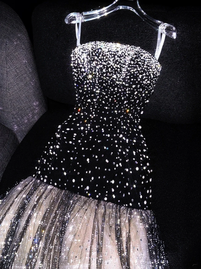 Shiny Mermaid Strapless Black Tulle Sequined Long Birthday Prom Dresses Party Gown D4548