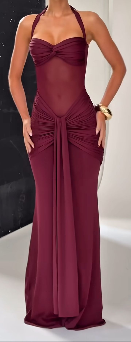 Classy Halter Burgundy Chiffon Pleated Mermaid Prom Dress Long Wedding Guest Dress D1309