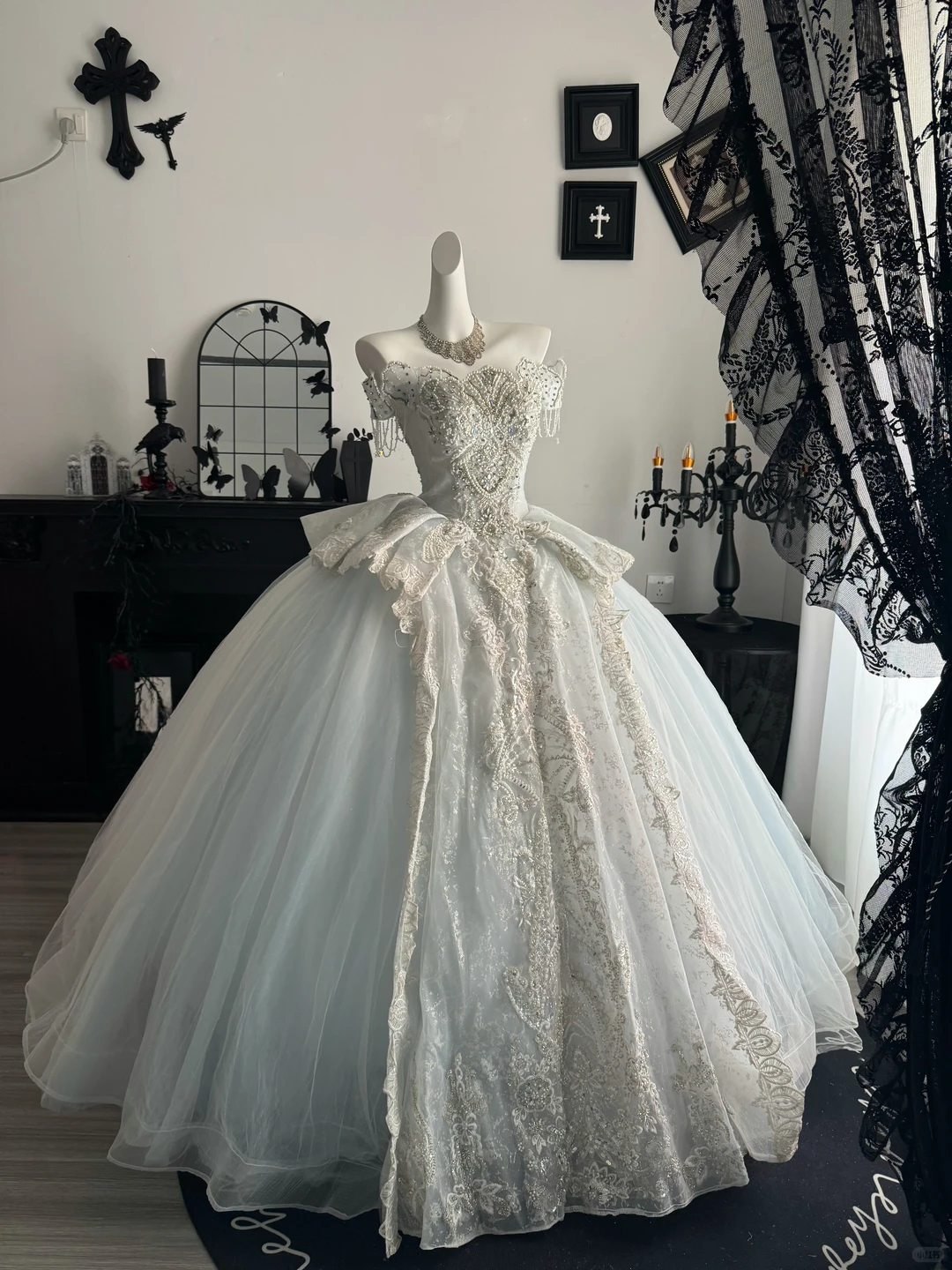 Glamorous Ice Blue Off The Shoulder Tulle Beaded Wedding Dress Formal Bridal Dress D3716
