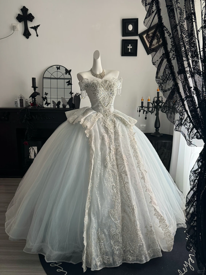 Glamorous Ice Blue Off The Shoulder Tulle Beaded Wedding Dress Formal Bridal Dress D3716