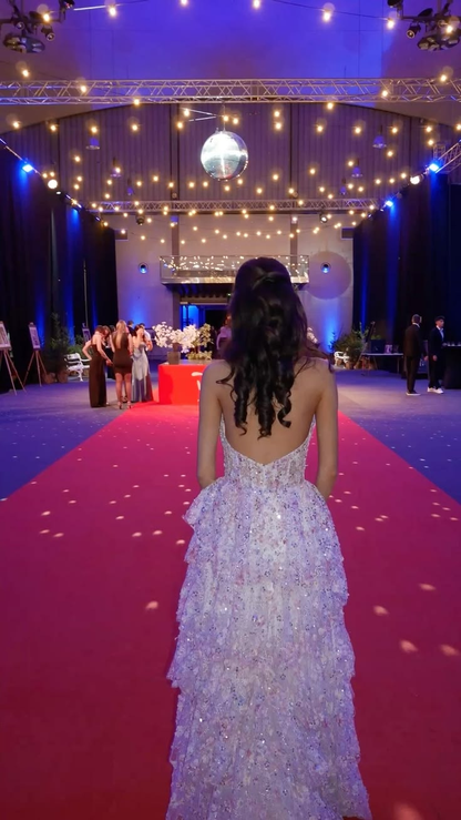 Glamorous Halter V Neck Lace Sequin Layered Long Evening Dress Pink Long Birthday Party Dress D5011