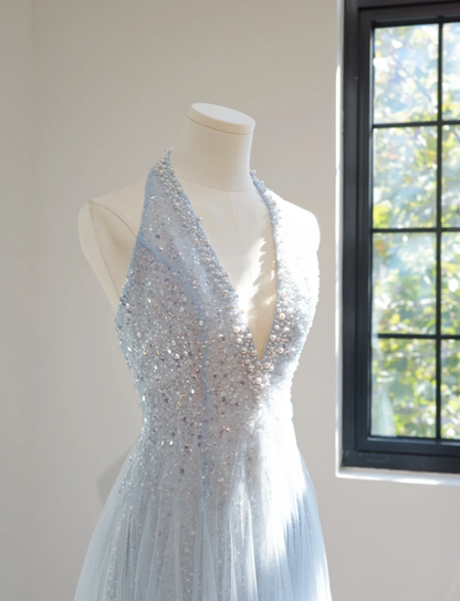 Fairy Halter V Neck Sky Blue Tulle Sequin Beaded A Line Long Prom Dress Party Gown D2146
