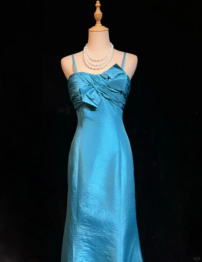 Gorgeous Spaghetti Straps Blue Satin Mermaid Long Party Dress Evening Dress D5078