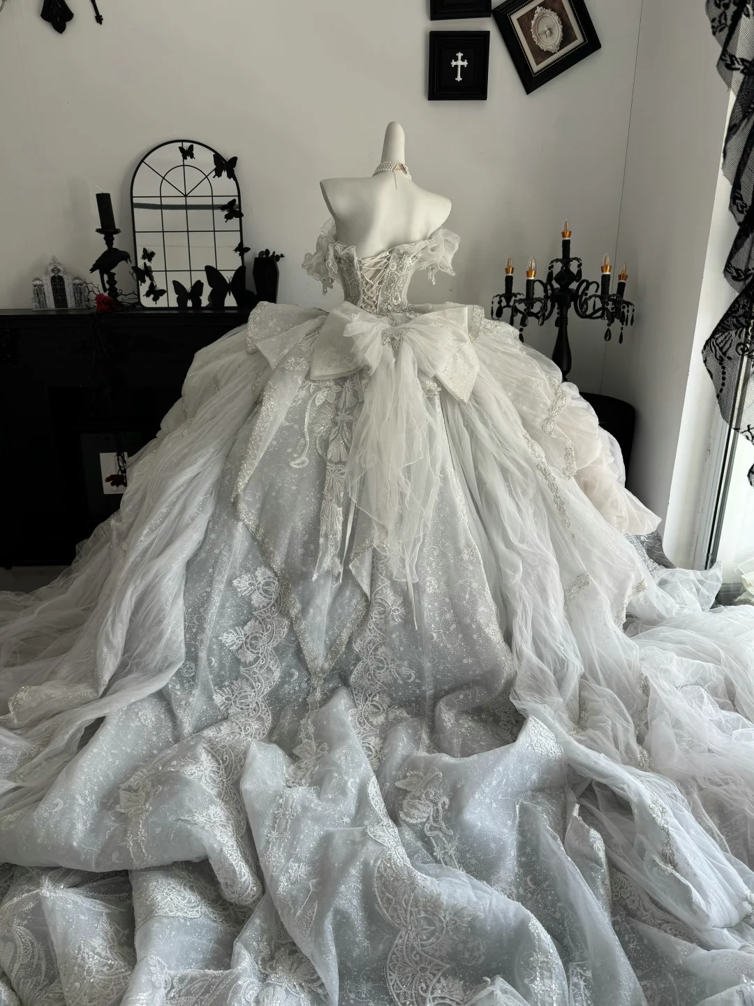Gorgeous White Tulle Lace Beaded Long Wedding Dress,Off The Shoulder Bridal Dress D3698