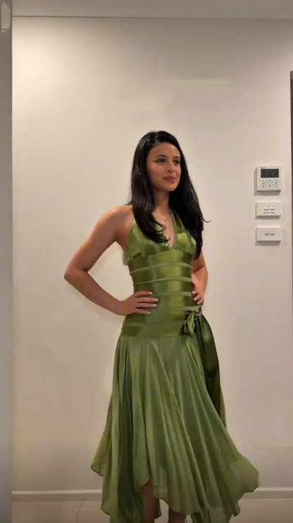 Classy Halter V Neck Green Satin Chiffon Mermaid Long Party Dress Evening Dress D4392