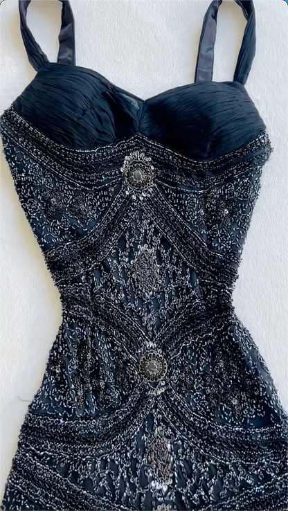 Vintage Navy Blue Spaghetti Straps Tulle Beaded Mermaid Long Evening Dress Party Gown D1482