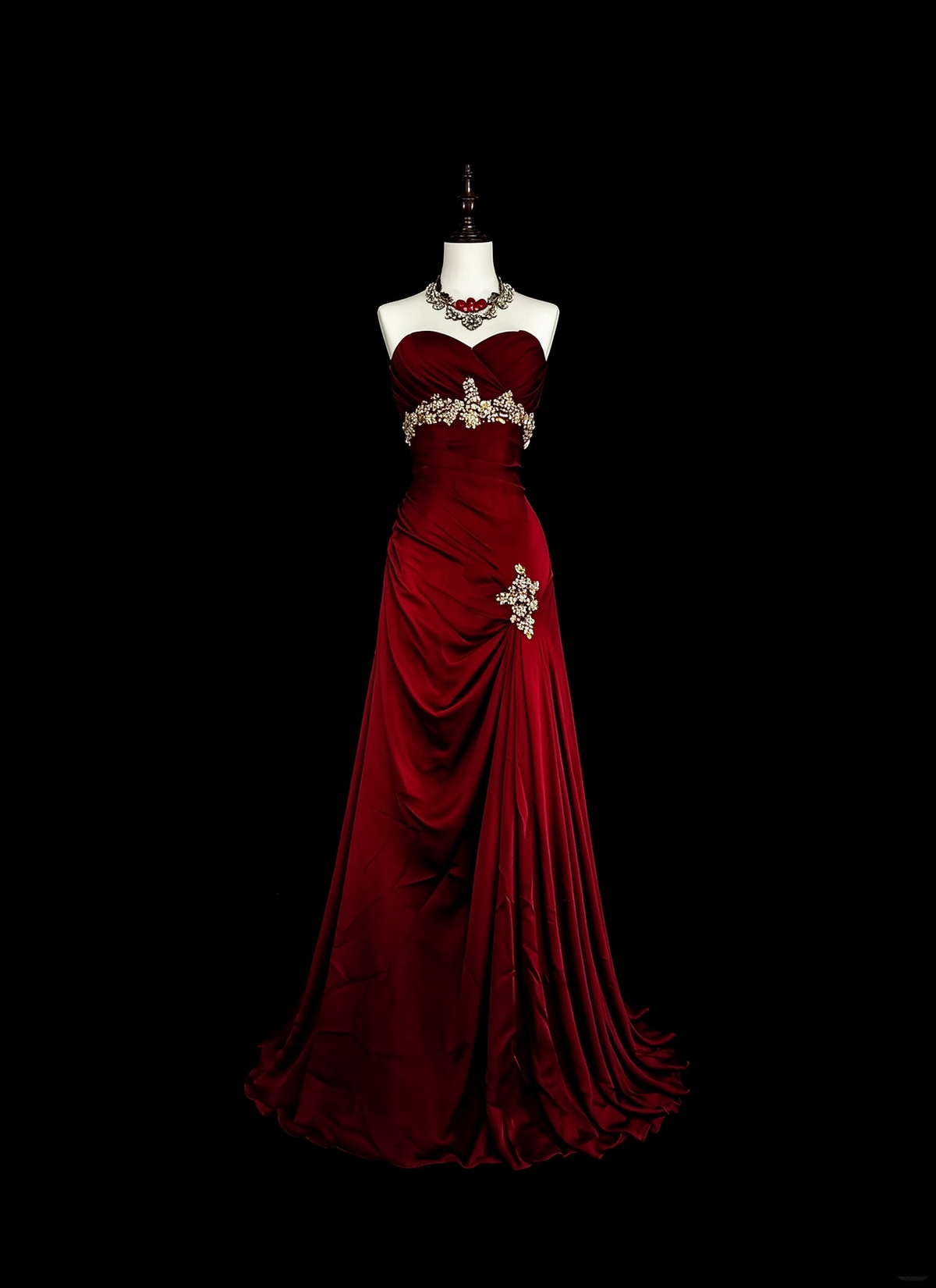 Vintage Sweetheart Neck Satin Pleated Beaded Evening Dress Burgundy Mermaid Long Party Dress D5378