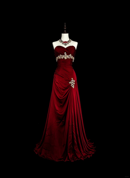 Vintage Sweetheart Neck Satin Pleated Beaded Evening Dress Burgundy Mermaid Long Party Dress D5378