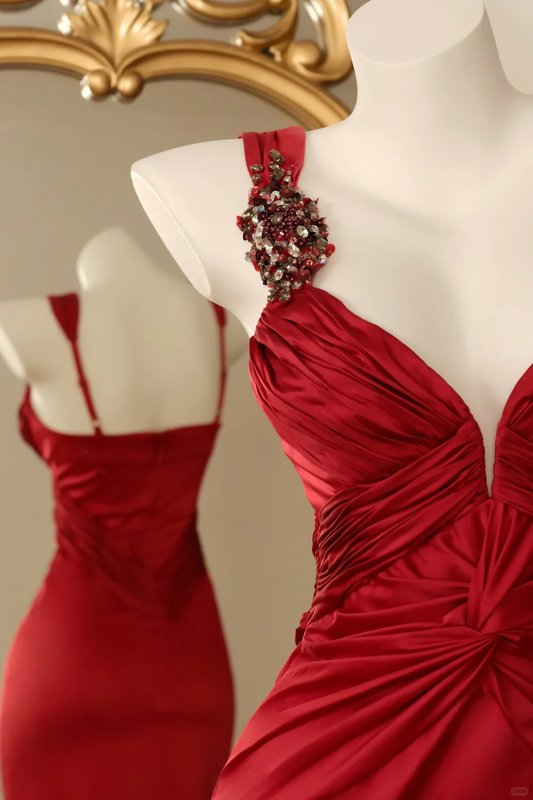 Fashion Red Satin Pleated Sheath Midi Prom Dress Party Gown With Beads D2711