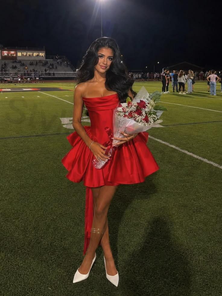 Fashion Strapless Satin Short Prom Dress Red Short Graduation Homecoming Dress With Bow D4408