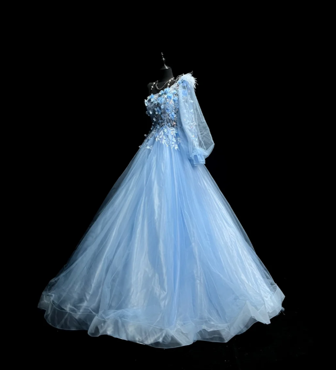 Pretty One Shoulder Blue Tulle Appliques Long Party Dress Formal Evening Dresses D1828