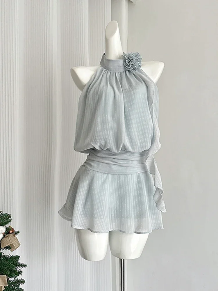 Blue Mini Sleeveless Chiffon Dress Women Frock Vacation Dress S227