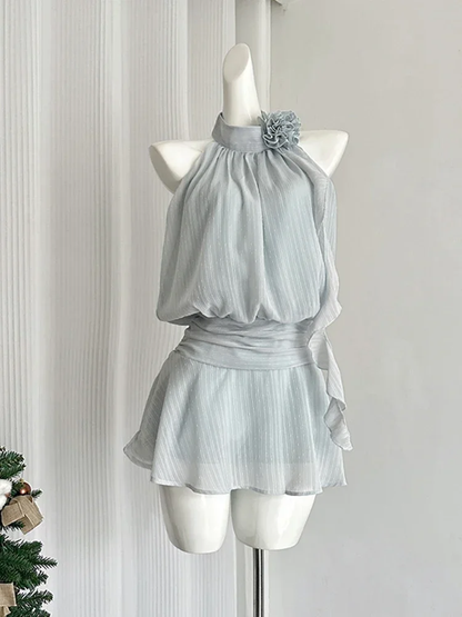 Blue Mini Sleeveless Chiffon Dress Women Frock Vacation Dress S227