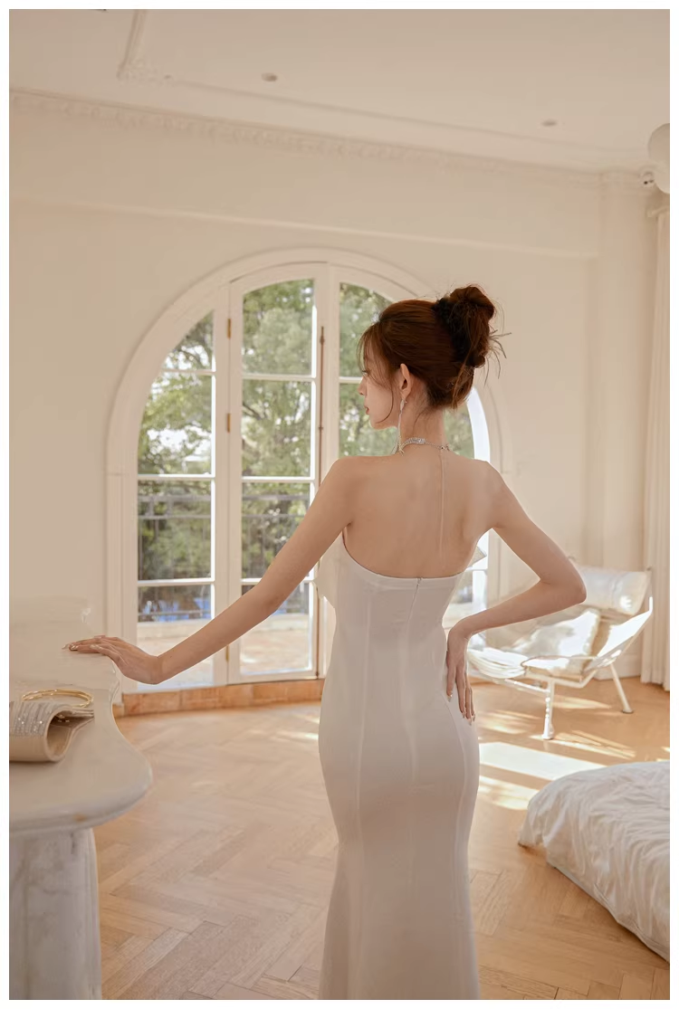 Classy White Strapless Bow Satin Mermaid Long Wedding Guest Dress Formal Evening Dress Prom Gown D2446