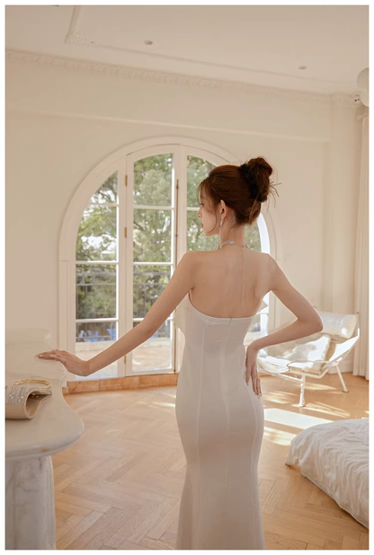 Classy White Strapless Bow Satin Mermaid Long Wedding Guest Dress Formal Evening Dress Prom Gown D2446