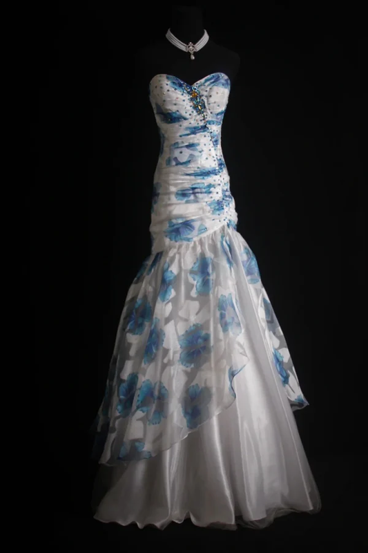 Elegant Sweetheart Neck Blue Tulle Print Floral Mermaid Long Prom Dresses Birthday Party Dress  D1516