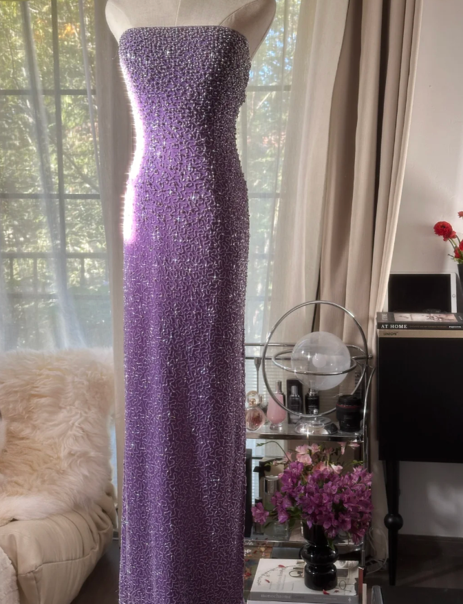 Glamorous Strapless Purple Chiffon Beaded Sheath Slit Prom Dress Long Party Gown D2297