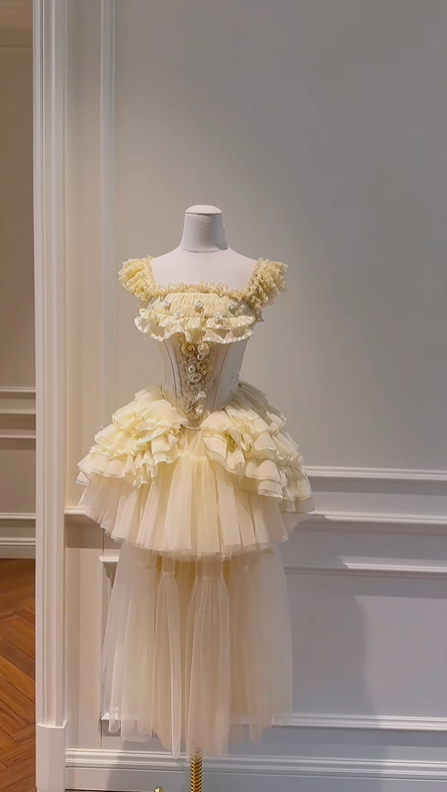 Sweet Tulle Beaded A Line Short 6th Grade Homecoming Dress,Yellow Mini Birthday Outfits D2950