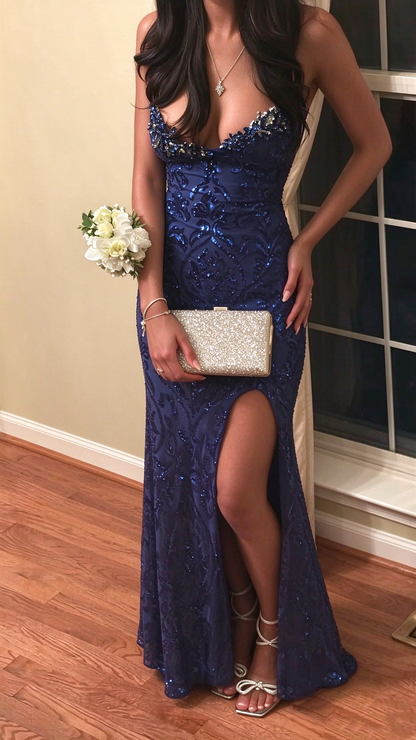 Elegant Spaghetti Straps Satin Tulle Sequin Beaded Prom Dress Navy Blue Mermaid Slit Long Evening Dress D5180