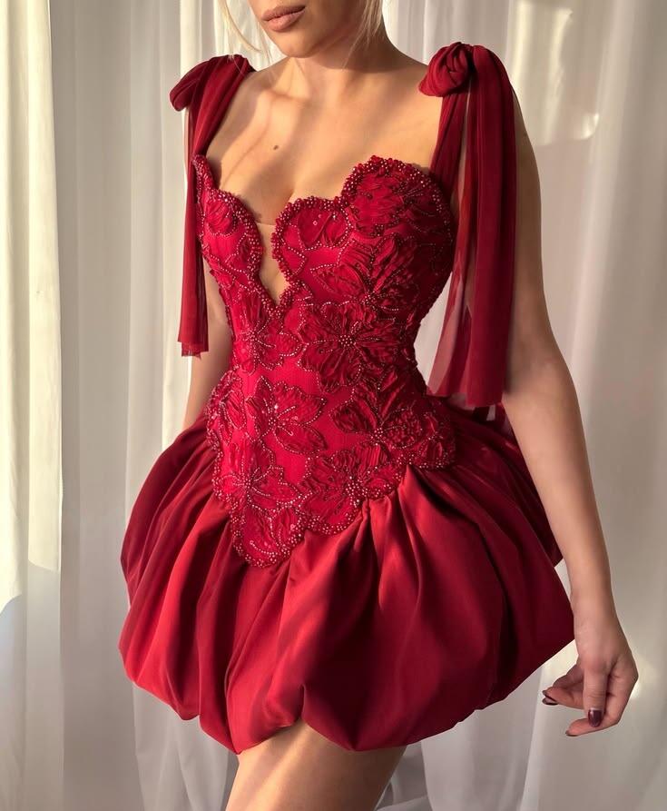 Pretty Red Satin Floral Beaded A Line Short Graduation Homecoming Dress,Formal 15th Birthday Outfits D3824