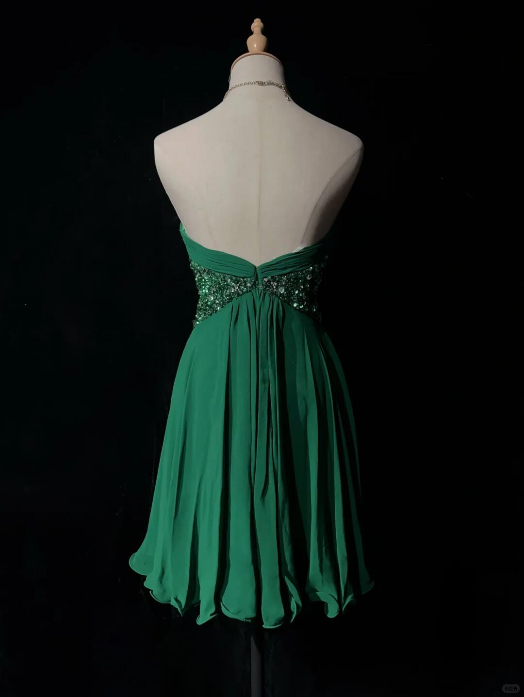 Classy Green Chiffon Pleated Beaded A Line Short 6th Grade Homecoming Dress,Strapless Short Party Dress D3374