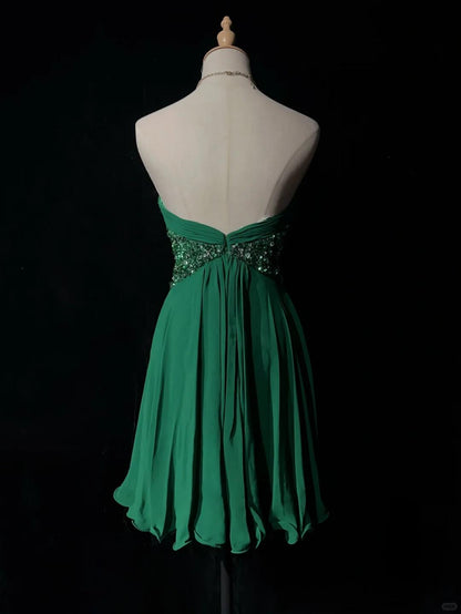 Classy Green Chiffon Pleated Beaded A Line Short 6th Grade Homecoming Dress,Strapless Short Party Dress D3374