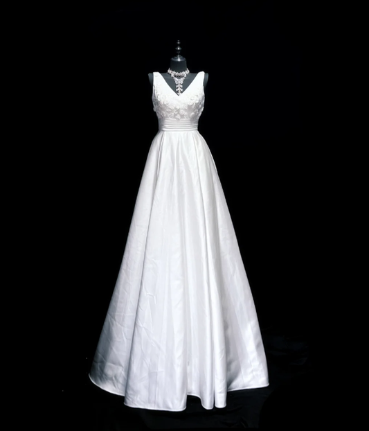 Classy V Neck White Satin Appliques Long Wedding Dress Formal Bridal Dress D549