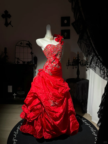 Stylish Red Satin Ruched Beaded Mermaid Party Dress,One Shoulder Long Evening Gown D3733