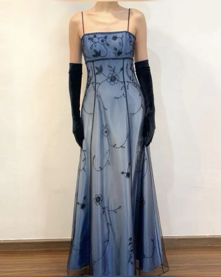Gorgeous Spaghetti Straps Ombre Blue Tulle Beaded Mermaid Eevening Dress Long Birthday Party Gown D1695