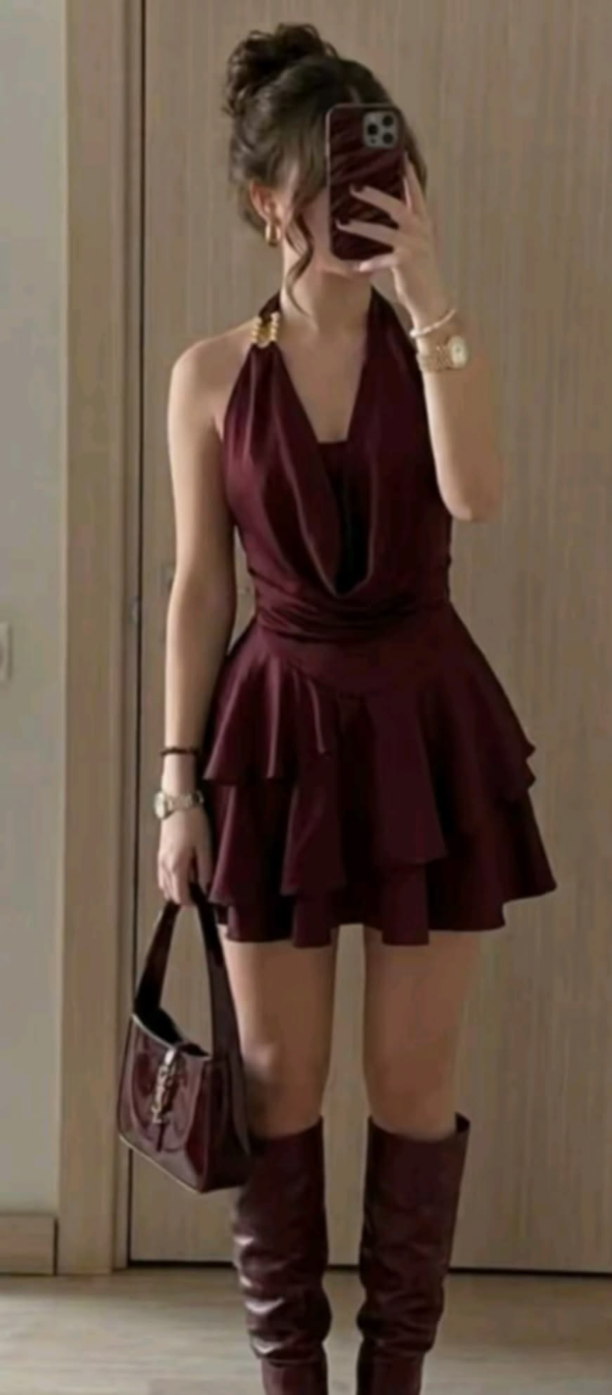 Vintage Halter Satin Layered A Line Mini Cocktail Dress,Burgundy Short Homecoming Dress D3302