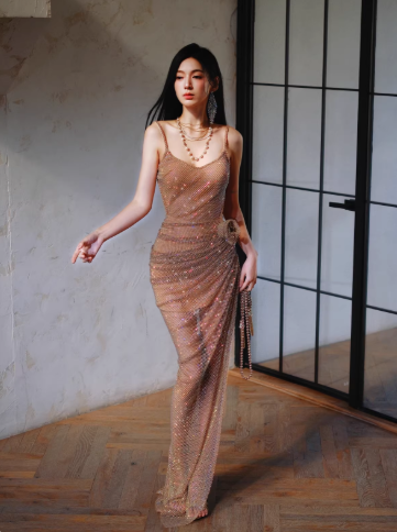 Sexy Spaghetti Straps V Neck Sequin Pleated Slit Long Party Dress Evening Gown D2401
