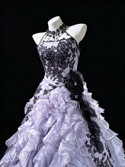 Pretty Halter Tulle Ruffles Appliques Sweet 16 Dress Purple Birthday Quinceanera Dress D5285