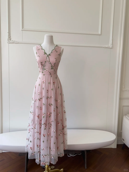 Charming Pink Sleeveless Tulle Embroidered Floral A Line Long Evening Dress Party Dress D2986
