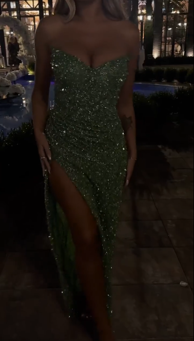 Glamorous Green Sequin Slit Sheath Long Prom Dress Strapless Long Party Dress D5125