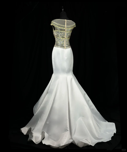 Retro Sleeveless White Tulle Satin Beaded Mermaid Long 20th Birthday Dress Evening Dress D2520