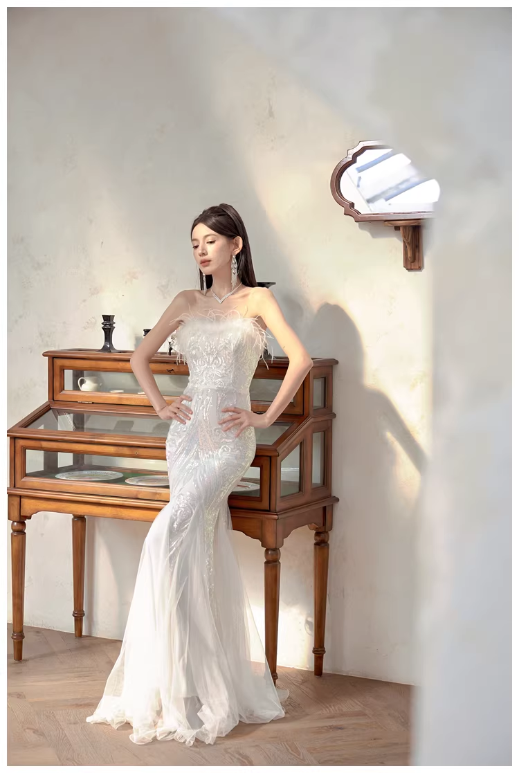 Classy Feathers Strapless White Tulle Sequin Mermaid Long Evening Dress Prom Dresses D2398