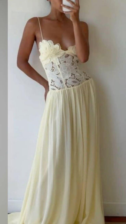 Elegant Spaghetti Strap Pastel Yellow Lace Chiffon Long Party Dress Evening Gown D3432